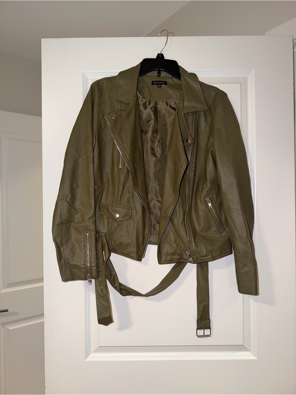 Macy's Olive Green Faux Leather Moto Jacket